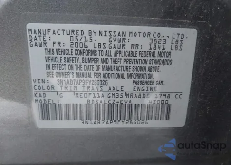 2015 Nissan Sentra S z USA, uszkodzony, nr VIN 3N1AB7AP9FY285026